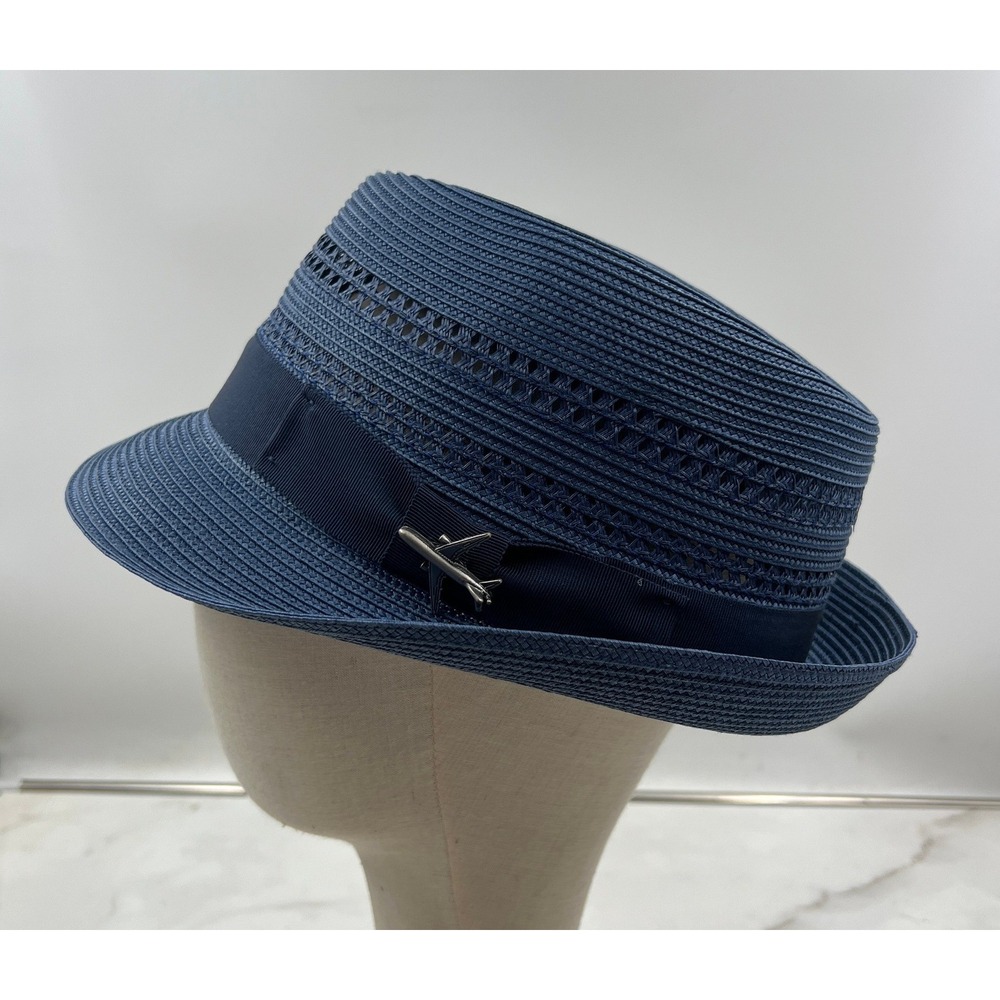 JRNY Iconic Hats Fedora Men's Sz Large Blue Polybraid Airplane Pin Travel NWT